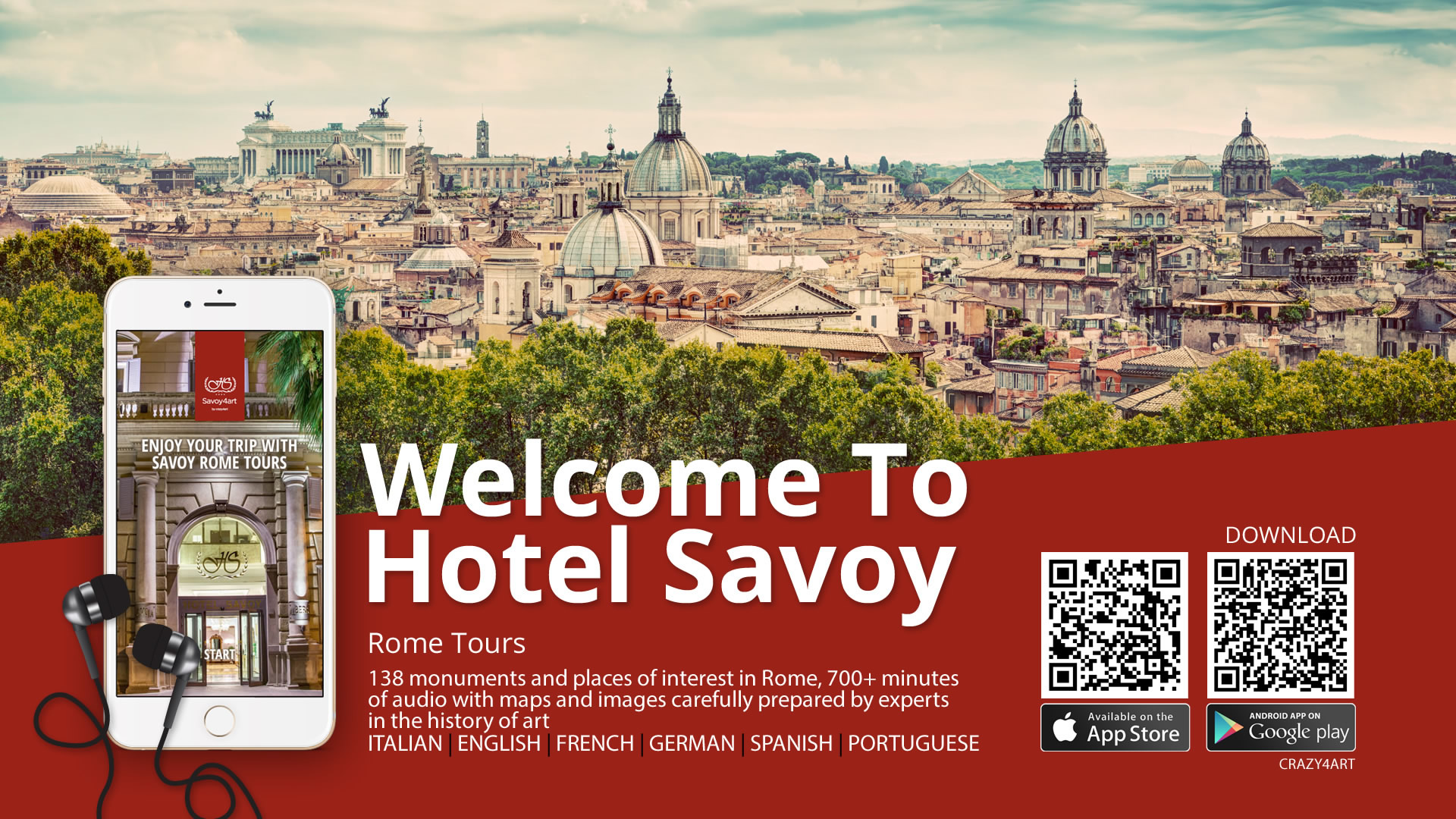 Crazy4Art Hotel Savoy Roma App audioguida - Patrizio Rossi - realizzazione immagini play store - apple app store web graphic designer